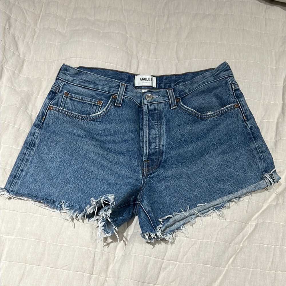 Agolde Parker Long Distressed Denim Shorts in Skywave